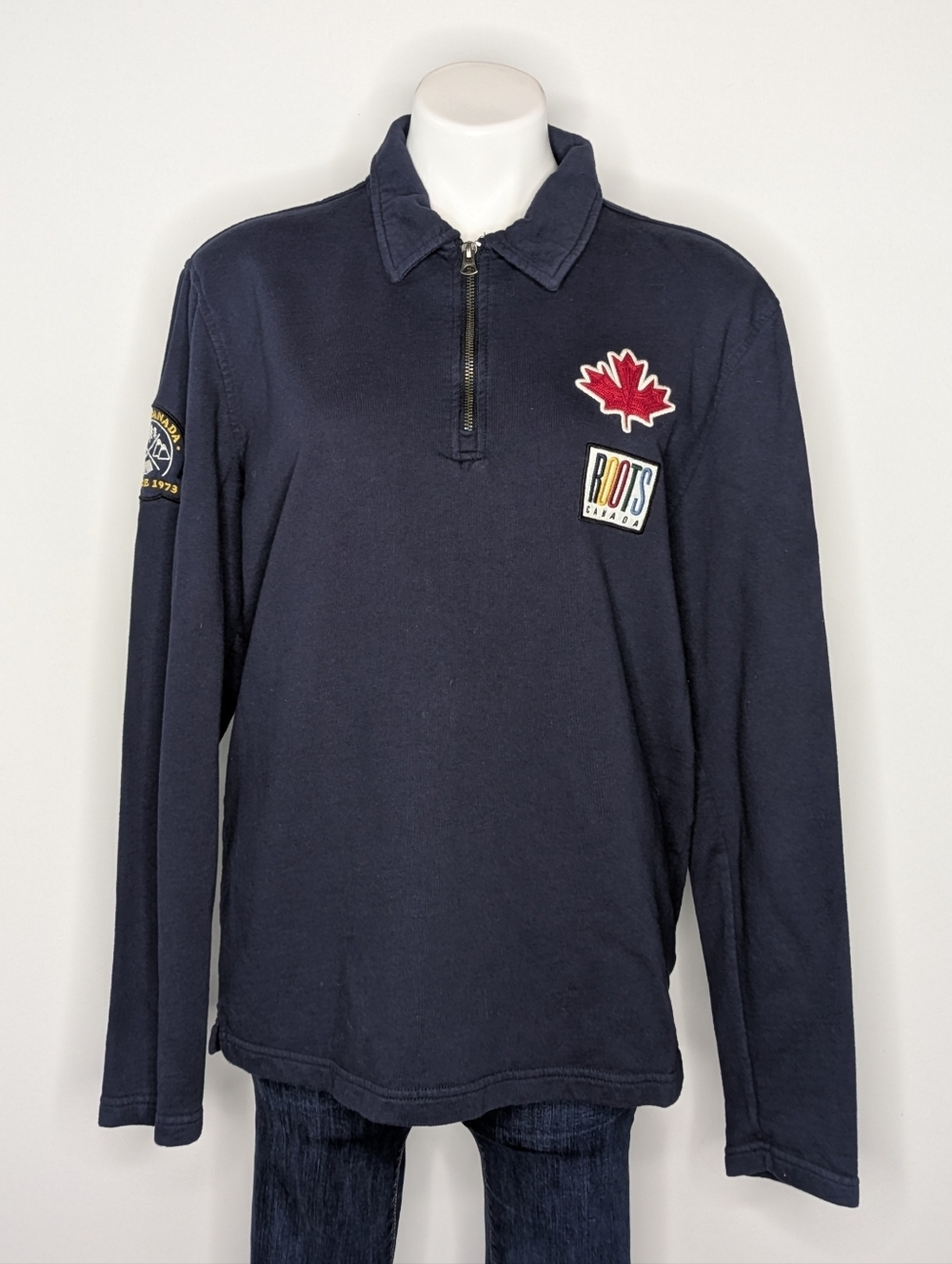 Roots Canada Blue Collared Pullover Zip Polo Cotton Sweatshirt M